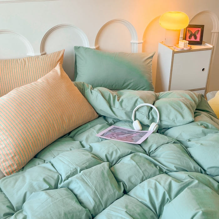 91家纺网 家纺一手货源 找家纺 千朵 2024新款ins风多巴胺撞色条纹全棉水洗棉四件套-可乐系列 可乐桔