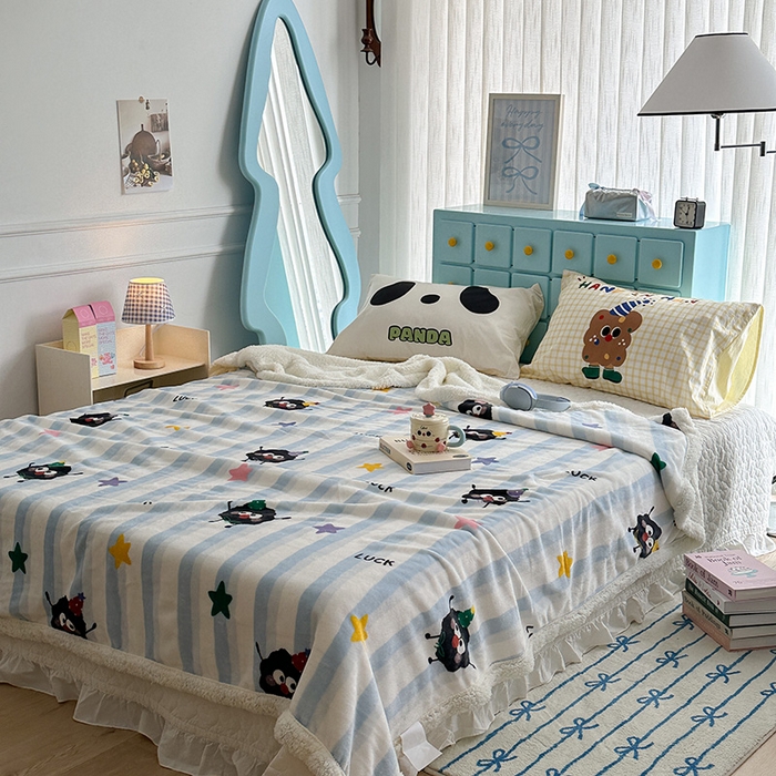 91家纺网 家纺一手货源 找家纺 昔可家纺 2024新款羊羔绒牛奶绒毛毯系列（三）-卡通系列 星星小黑球