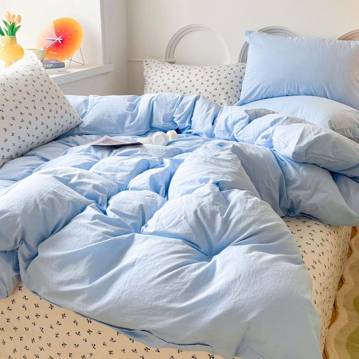 91家纺网 家纺一手货源 找家纺 千朵 2024新款全棉水洗棉混搭双拼四件套 瑾蓝