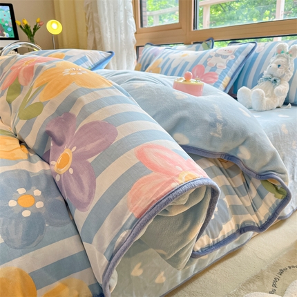 红粉佳人 2025新款棉加绒印花四件套 花园小兔