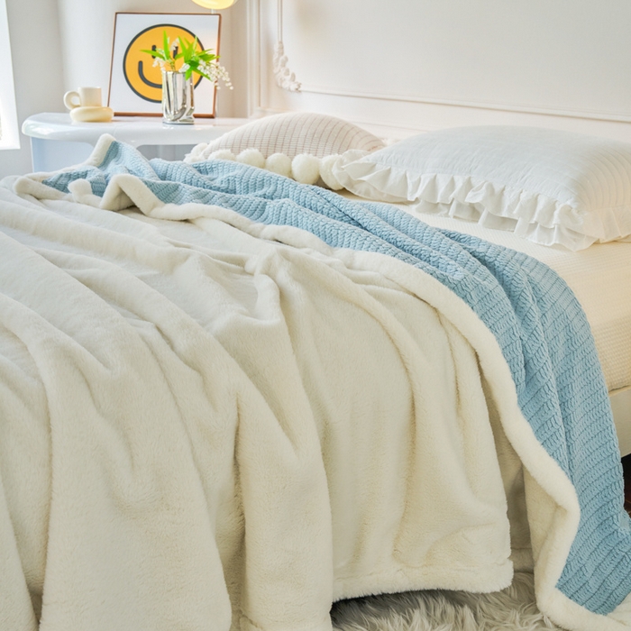 91家纺网 家纺一手货源 找家纺 畅畅家纺 2024新款A面编织绒B面兔毛绒纯色毛毯 天空蓝