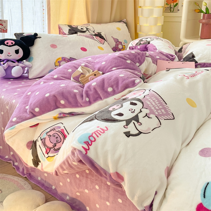 91家纺网 家纺一手货源 找家纺 2024新款三丽鸥牛奶绒小版四件套 甜圈库洛米