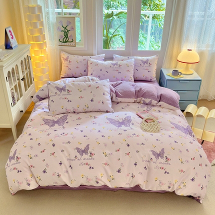 91家纺网 家纺一手货源 找家纺 花伞 2024新款印花招财蝴蝶亲肤水洗棉四件套 碎花紫蝴蝶