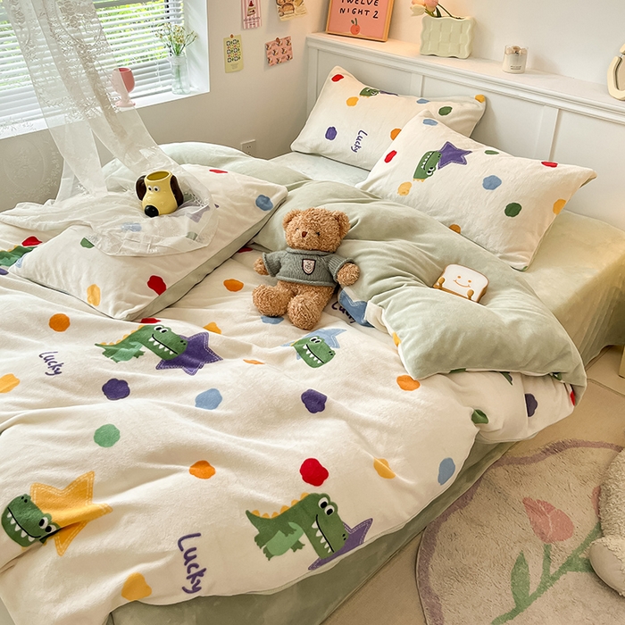 91家纺网 家纺一手货源 找家纺 2024新款200g加厚防静电牛奶绒小清新四件套 绒-鳄鱼宝宝