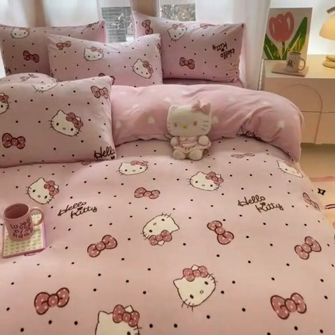 91家纺网 家纺一手货源 找家纺 2024新款三丽鸥牛奶绒小版四件套 牛奶绒小版-蝴蝶结KT猫