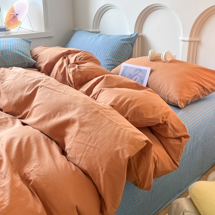 91家纺网 家纺一手货源 找家纺 千朵 2024新款ins风多巴胺撞色条纹全棉水洗棉四件套-可乐系列 可乐蓝