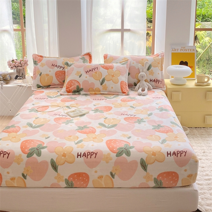 91家纺网 家纺一手货源 找家纺 凯儿家纺  2024新款加厚高克重印花系列单床笠 草莓微笑