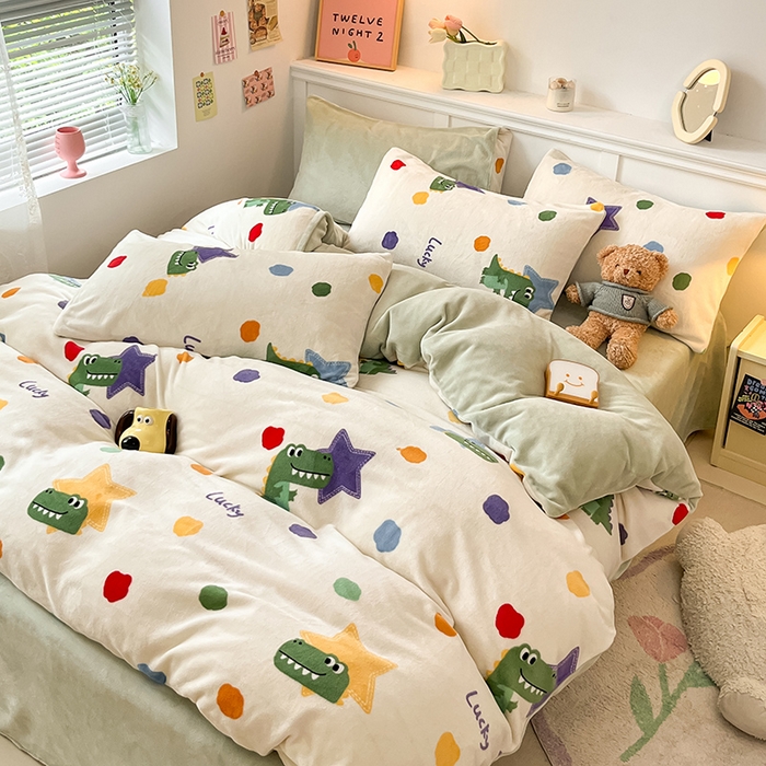 91家纺网 家纺一手货源 找家纺 2024新款200g加厚防静电牛奶绒小清新四件套 绒-鳄鱼宝宝