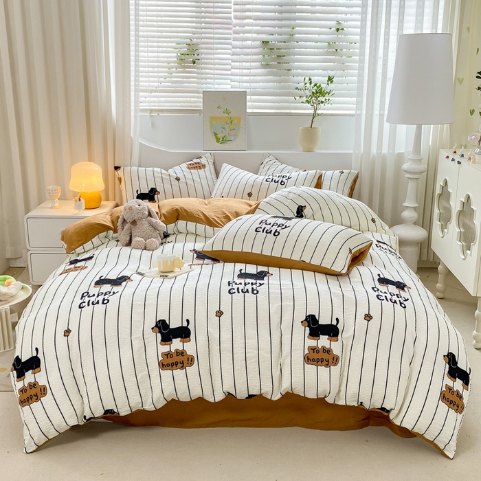 91家纺网 家纺一手货源 找家纺 悦织湾家纺 2025新款轻奢北欧风小清新印花水洗棉四件套 腊肠狗