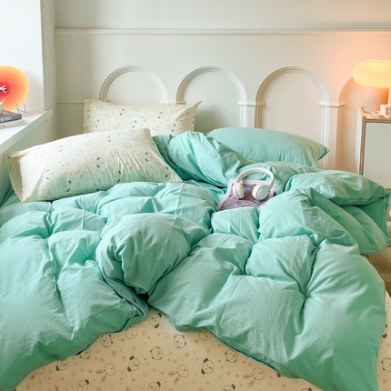 千朵 2024新款全棉水洗棉混搭双拼四件套 猫咪湖绿