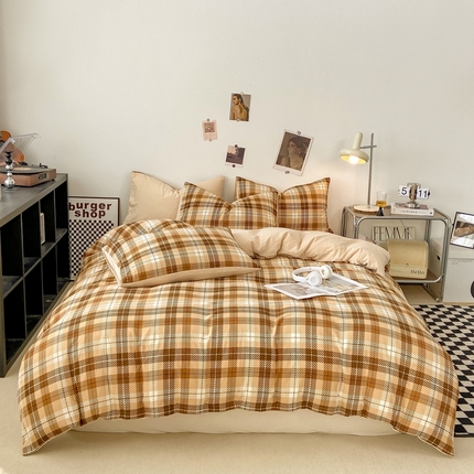 悦织湾家纺 2025新款日式简约格子水洗棉单品被套系列 美拉德