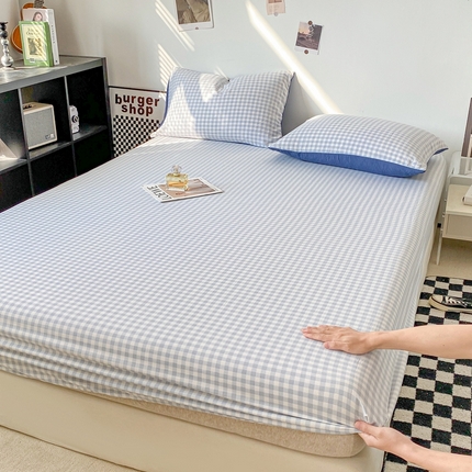 悦织湾家纺 2025新款日式简约格子水洗棉单品床笠系列 布丁灰