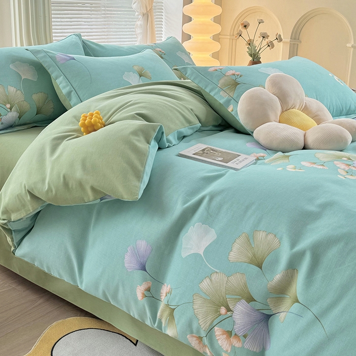 91家纺网 家纺一手货源 找家纺 优尚家纺 2025新款全棉磨毛纯棉喷气印花清新轻奢款四件套 清新款-碧影秋韵