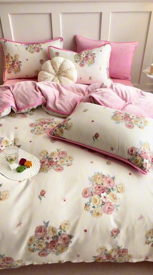 91家纺网 家纺一手货源 找家纺 红粉佳人 2025新款棉加绒印花四件套 花期而遇