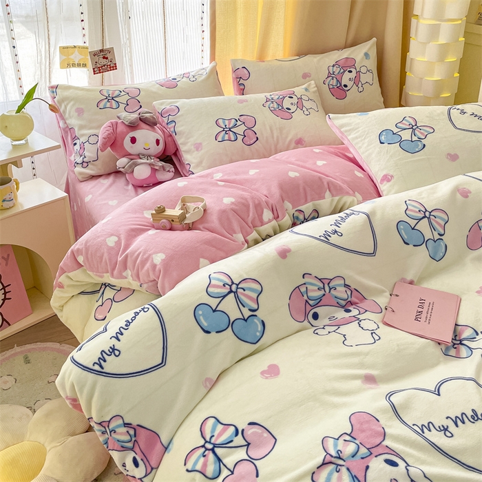 91家纺网 家纺一手货源 找家纺 2024新款三丽鸥牛奶绒小版四件套 樱桃美乐蒂