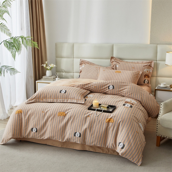 91家纺网 家纺一手货源 找家纺 品乐家纺 2024新款32支全棉超柔生态磨毛四件套 彩虹小狗-黄