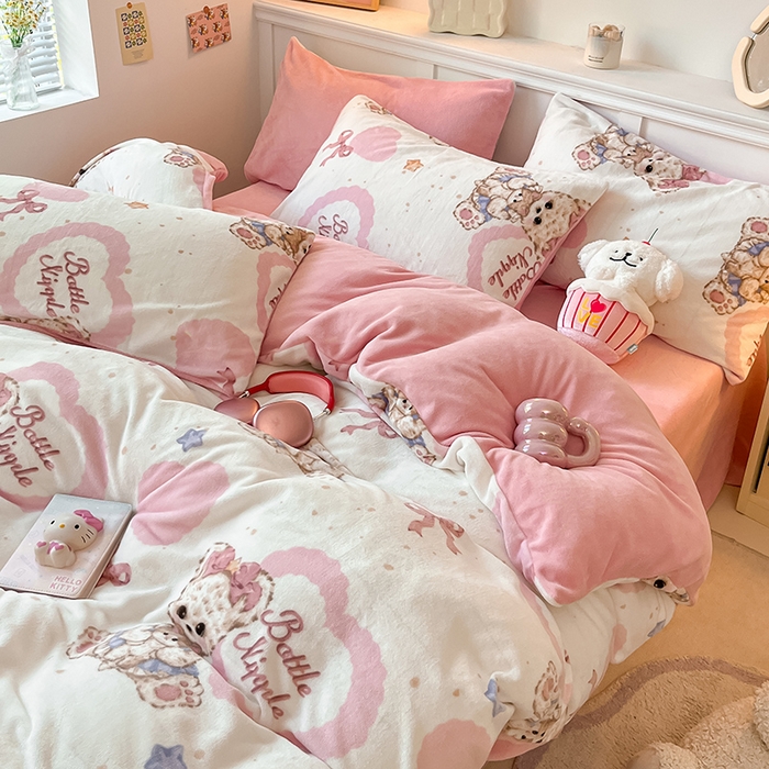 91家纺网 家纺一手货源 找家纺 2024新款200g加厚防静电牛奶绒小清新四件套 绒-木偶熊