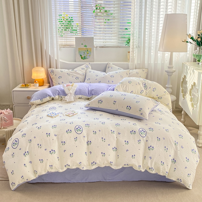 91家纺网 家纺一手货源 找家纺 悦织湾家纺 2025新款轻奢北欧风小清新印花水洗棉四件套 蓝色恋人