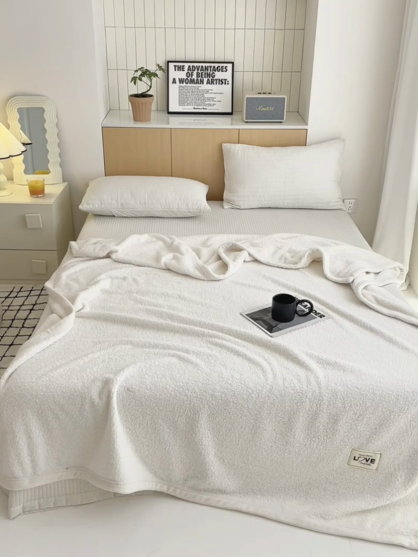 91家纺网 家纺一手货源 找家纺 沐棉 2024新款羊羔绒泰迪绒毛毯 米白色