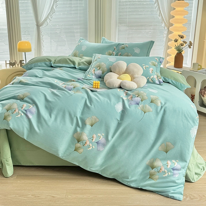 91家纺网 家纺一手货源 找家纺 优尚家纺 2025新款全棉磨毛纯棉喷气印花清新轻奢款四件套 清新款-碧影秋韵