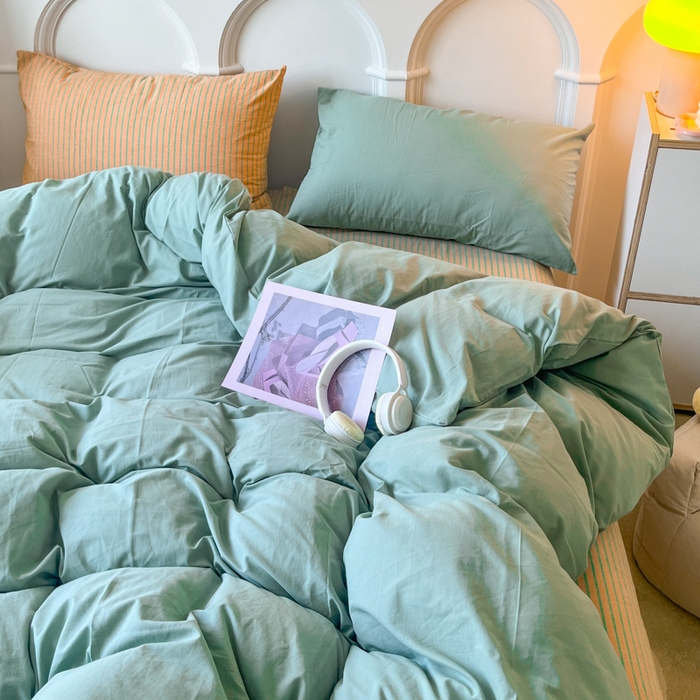 91家纺网 家纺一手货源 找家纺 千朵 2024新款ins风多巴胺撞色条纹全棉水洗棉四件套-可乐系列 可乐桔