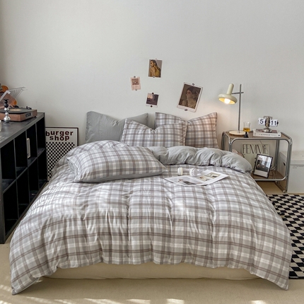 悦织湾家纺 2025新款日式简约格子水洗棉单品被套系列 幕落灰