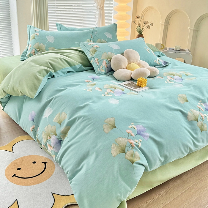 91家纺网 家纺一手货源 找家纺 优尚家纺 2025新款全棉磨毛纯棉喷气印花清新轻奢款四件套 清新款-碧影秋韵