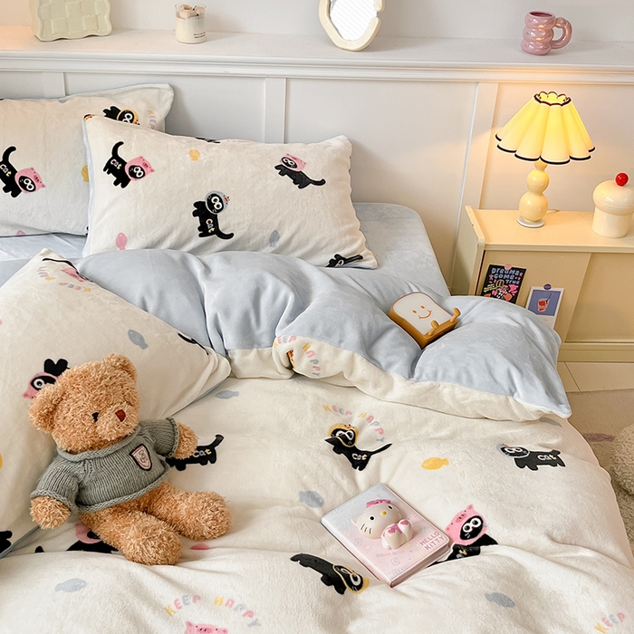 91家纺网 家纺一手货源 找家纺 2024新款200g加厚防静电牛奶绒小清新四件套 绒-快乐喵