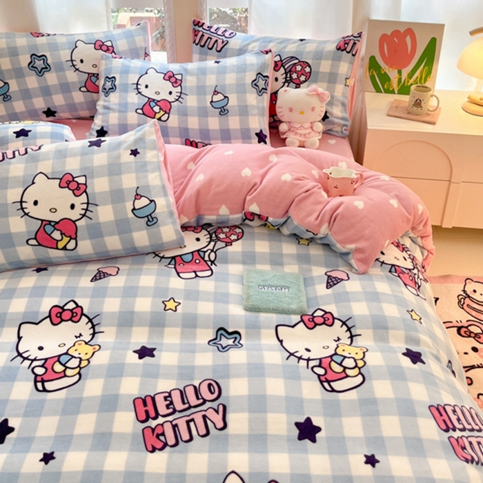 91家纺网 家纺一手货源 找家纺 2024新款三丽鸥牛奶绒小版四件套 牛奶绒小版-幸运星KT猫