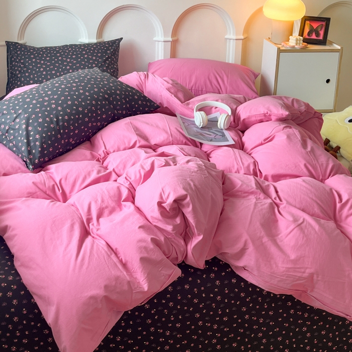 91家纺网 家纺一手货源 找家纺 千朵 2024新款全棉水洗棉混搭双拼四件套 繁花粉