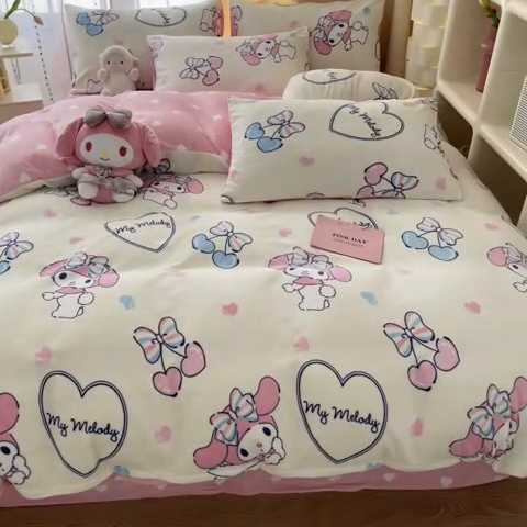 91家纺网 家纺一手货源 找家纺 2024新款三丽鸥牛奶绒小版四件套 樱桃美乐蒂