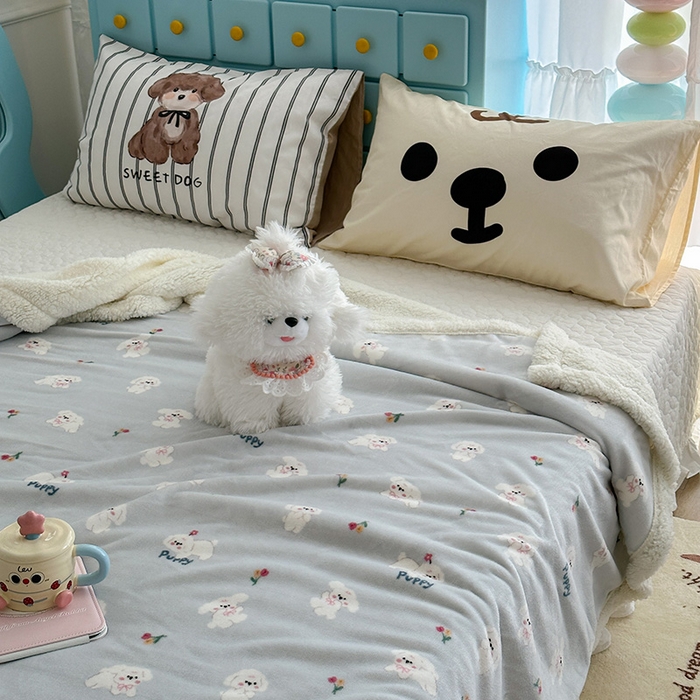 91家纺网 家纺一手货源 找家纺 昔可家纺 2024新款羊羔绒牛奶绒毛毯系列（三）-卡通系列 蓝底小奶狗