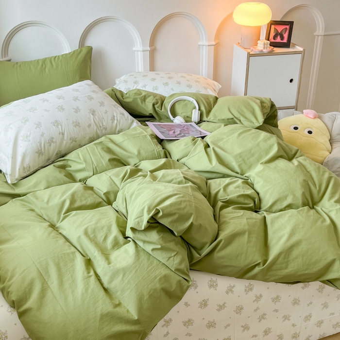 91家纺网 家纺一手货源 找家纺 千朵 2024新款全棉水洗棉混搭双拼四件套 茶艺绿