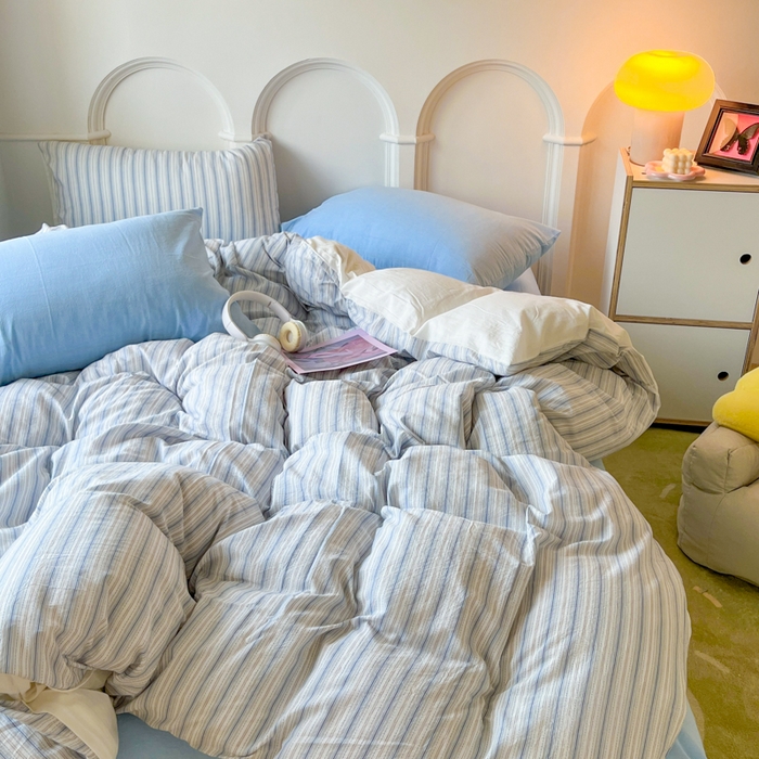 91家纺网 家纺一手货源 找家纺 （总）千朵 2024新款撞色条纹色织提花水洗棉被套四件套