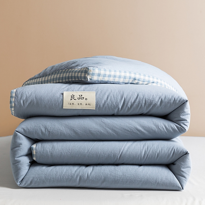 91家纺网 家纺一手货源 找家纺 2024新款无印风棋盘格立体边大豆纤维冬被 风格一 棋盘格-浅蓝