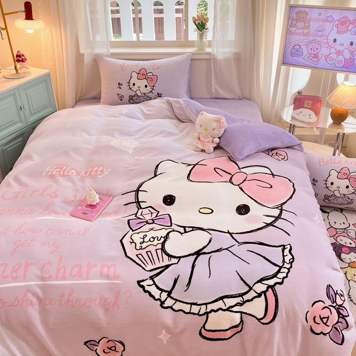 91家纺网 家纺一手货源 找家纺 2024新品正版三丽鸥授权大版卡通平网数码印花加厚高克重牛奶绒系列四件套 绒大版-R玫瑰香水kitty