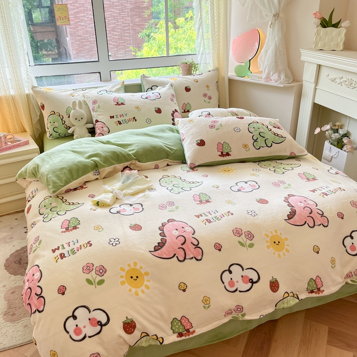 91家纺网 家纺一手货源 找家纺 卡派 2024新款冬季亲肤透气牛奶绒印花四件套 可爱恐龙