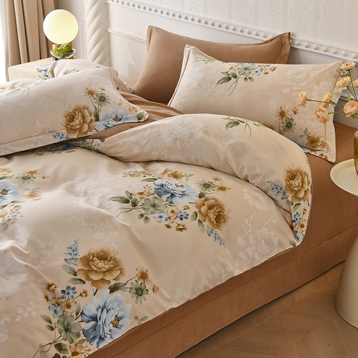 91家纺网 家纺一手货源 找家纺 优尚家纺 2025新款全棉磨毛纯棉喷气印花清新轻奢款四件套 轻奢款-雅韵金蕊