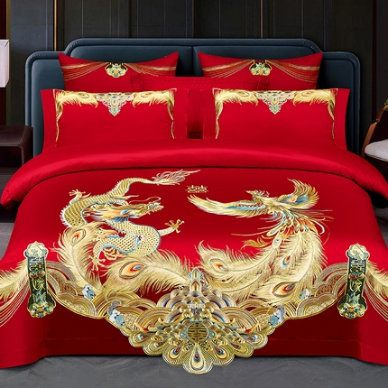 2025新款长绒棉长绒棉贡缎提花款新中式古典韵味精美刺绣婚庆四件套多件套 龙翔凤瑞
