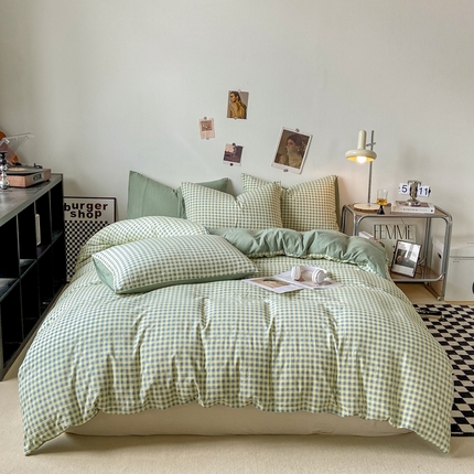 悦织湾家纺 2025新款日式简约格子水洗棉单品被套系列 布丁绿
