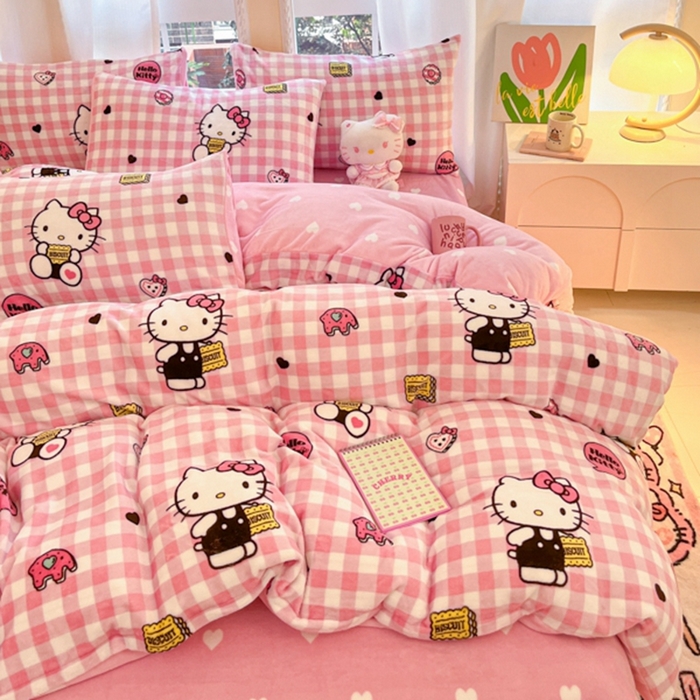 91家纺网 家纺一手货源 找家纺 2024新款三丽鸥牛奶绒小版四件套 牛奶绒小版-饼干KT猫