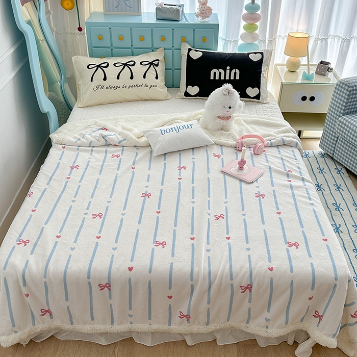 91家纺网 家纺一手货源 找家纺 昔可家纺 2024新款羊羔绒牛奶绒毛毯系列（三）-ins小清新系列 梦幻蝴蝶结