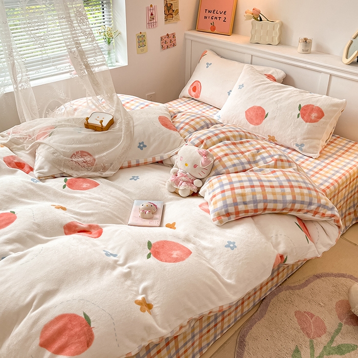 91家纺网 家纺一手货源 找家纺 2024新款200g加厚防静电牛奶绒小清新四件套 绒-蜜桃朵朵