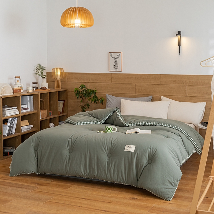 91家纺网 家纺一手货源 找家纺 2024新款无印风棋盘格立体边大豆纤维冬被 风格一 棋盘格-墨子绿