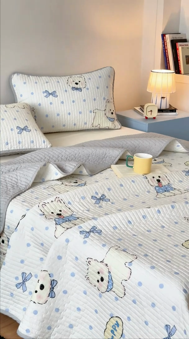 91家纺网 家纺一手货源 找家纺 美优兰 2025春款全棉单面高温砂洗床盖 小奶狗