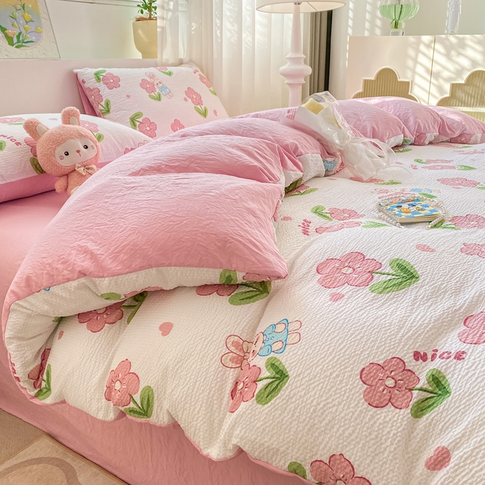 91家纺网 家纺一手货源 找家纺 悦织湾家纺 2025新款轻奢北欧风小清新印花水洗棉四件套 花小兔