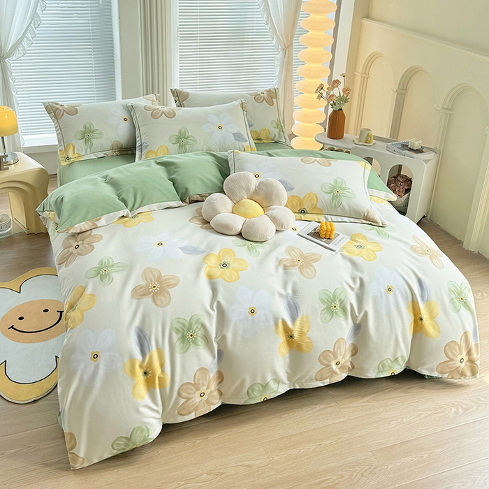 91家纺网 家纺一手货源 找家纺 优尚家纺 2025新款全棉磨毛纯棉喷气印花清新轻奢款四件套 清新款-花语甜心-绿