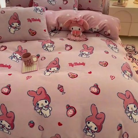 91家纺网 家纺一手货源 找家纺 2024新款三丽鸥牛奶绒小版四件套 牛奶绒小版-雪糕美乐蒂