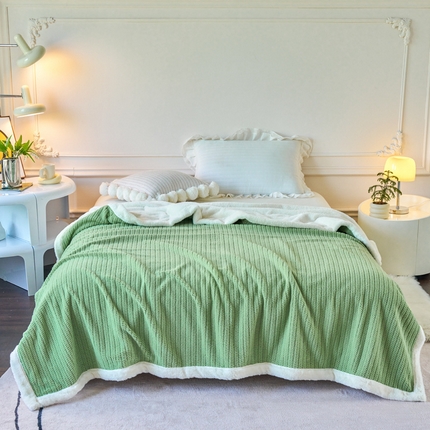 畅畅家纺 2024新款A面编织绒B面兔毛绒纯色毛毯 抹茶绿