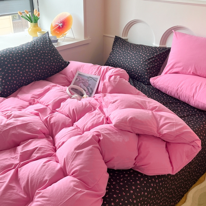 91家纺网 家纺一手货源 找家纺 千朵 2024新款全棉水洗棉混搭双拼四件套 繁花粉